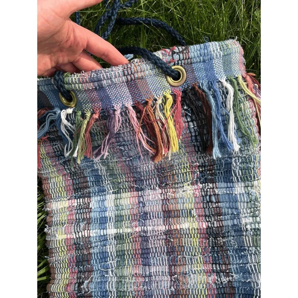 Handwoven Recycled Denim Tote Bag Boho Festival Market Upcycled Fringe Shoulder - Picture 6 of 11